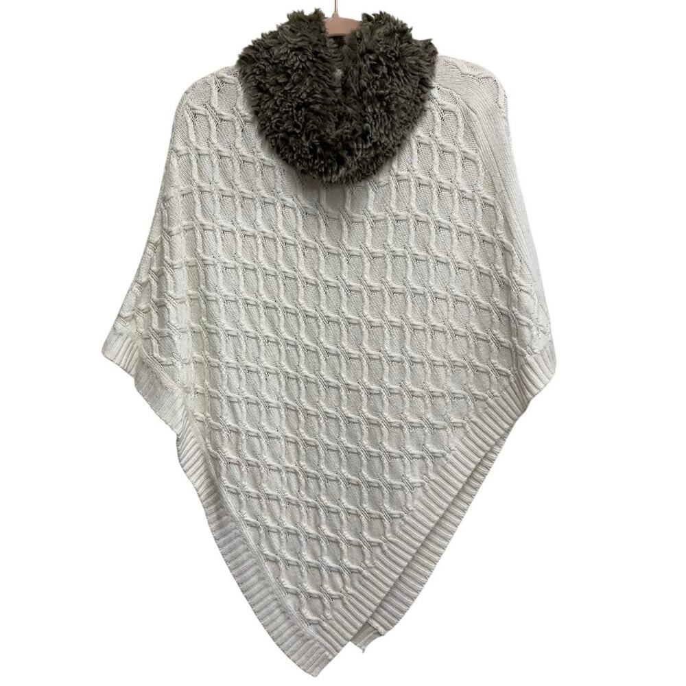 Talbots Faux Fur Collar Knit Poncho Sweater XS/S Ivory Wool Blend